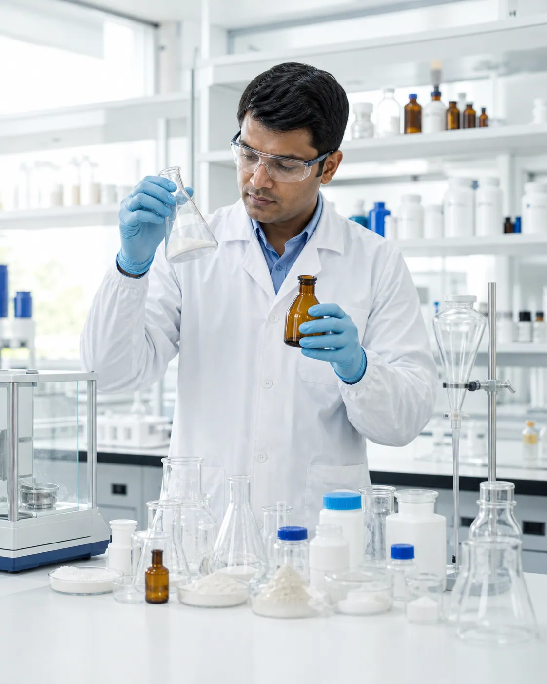 Specialty chemical scientist reviewing formulation samples